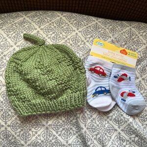 Green Knit Baby Hat and Car Themed Socks